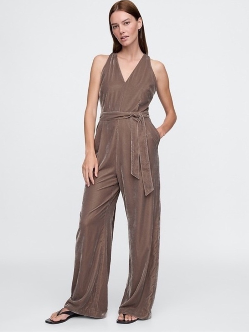 GAP Taupe V-Neck Velvet Jumpsuit without Belt
